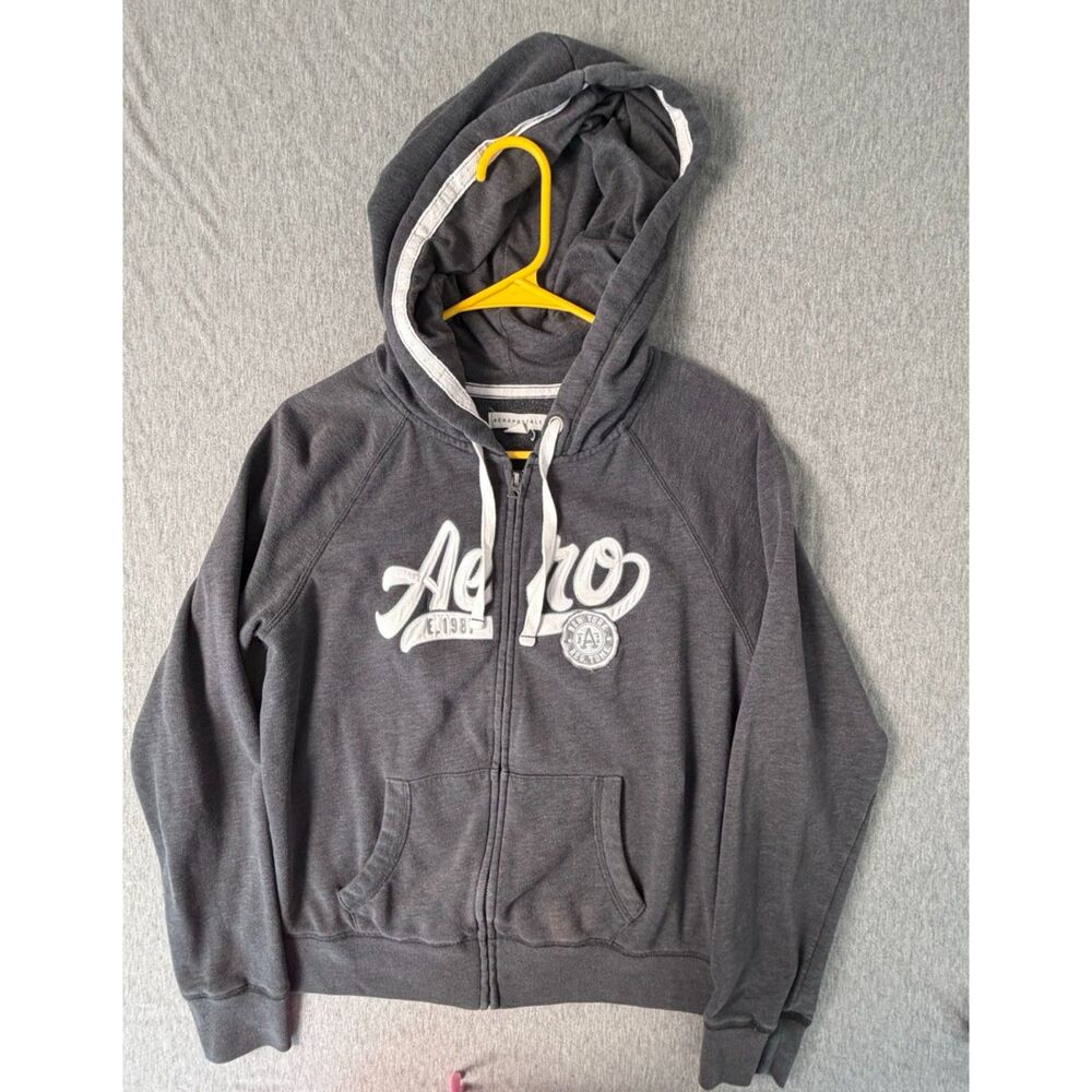 Aeropostale Aero Full Zip Hoodie M Gray NYC Applique Logo Y2K Streetwear Skater